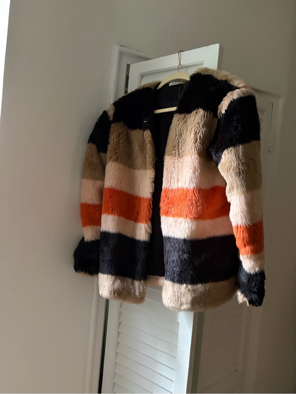 Zara Stripe Faux Fur Puffer Jacket in Black, Tan, Pink & Orange